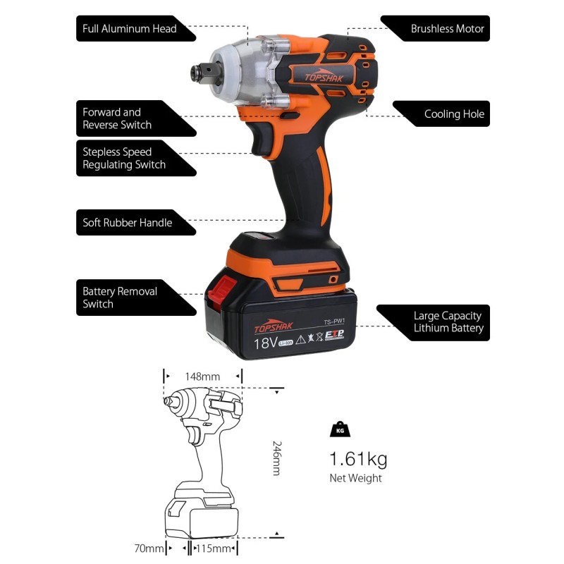 Topshak TS-PW1A 380 Nm harjaton iskuväännin kahdella akulla LED-työvalo