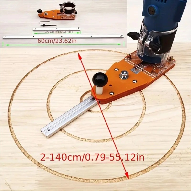 Puuntyöstön ympyräleikkausohjain jigi käsijyrsimille ja reunojen viimeistelyyn