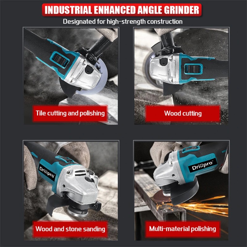 Drillpro akkukäyttöinen harjaton kulmahiomakone 18V 800W kompakti ylikuormansuoja litium-akku eu-pistoke