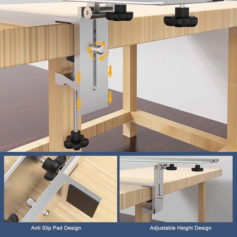 Säädettävät kiskopuristimet liukuvalla tappirakenteella sopivat eri pöytäkorkeuksiin ja kiskoihin