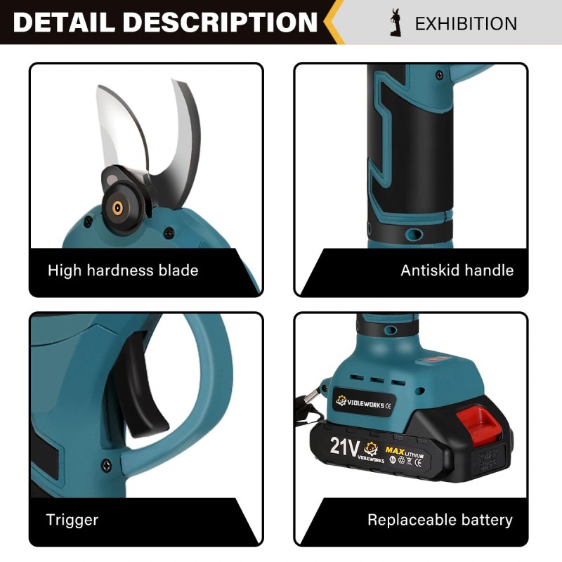 VIOLEWORKS 21V oksasakset 1500mAh akku harjaton moottori laturi sininen musta kotelo 30 mm aukko