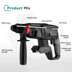 Akkukäyttöinen 18 V poravasara 6500 rpm 4800 iskua/min SDS-kiinnike nelitoiminen purkuun ja poraukseen
