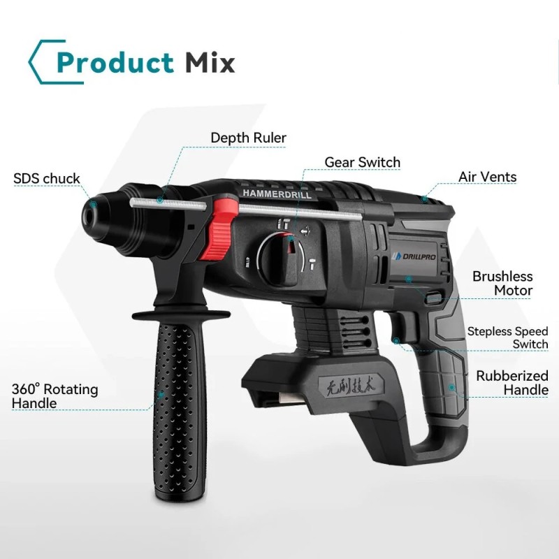 Akkukäyttöinen 18 V poravasara 6500 rpm 4800 iskua/min SDS-kiinnike nelitoiminen purkuun ja poraukseen
