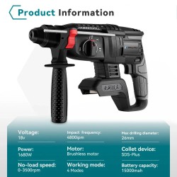 Akkukäyttöinen 18 V poravasara 6500 rpm 4800 iskua/min SDS-kiinnike nelitoiminen purkuun ja poraukseen