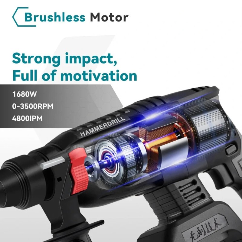 Akkukäyttöinen 18 V poravasara 6500 rpm 4800 iskua/min SDS-kiinnike nelitoiminen purkuun ja poraukseen