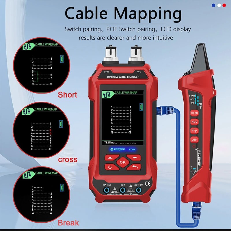 AV TOOLTOP ET638 kaapelitesteri ja yleismittari 3,2 tuuman värinäytöllä ladattavalla akulla