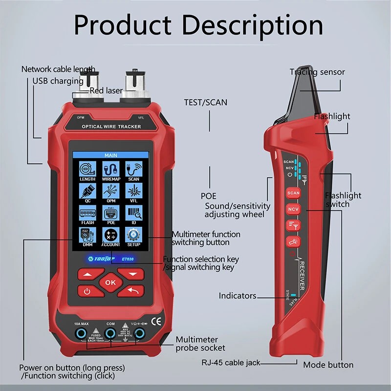 AV TOOLTOP ET638 kaapelitesteri ja yleismittari 3,2 tuuman värinäytöllä ladattavalla akulla