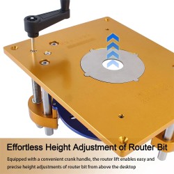 Puuntyöstöjyrsin nostojärjestelmä asennuslevyllä kaiverrukseen ja viimeistelyyn säädettävälle työpöydälle