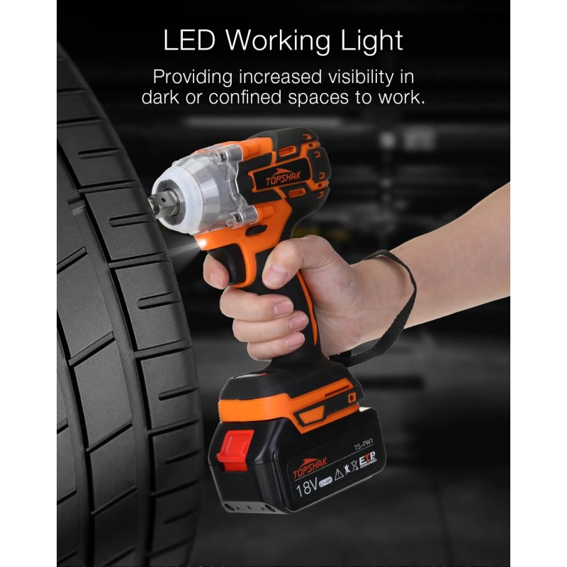 Topshak TS-PW1 380 Nm harjaton iskuporakone 18V ladattava akku mukana LED-työvalo