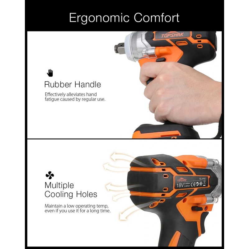 Topshak TS-PW1 380 Nm harjaton iskuporakone 18V ladattava akku mukana LED-työvalo