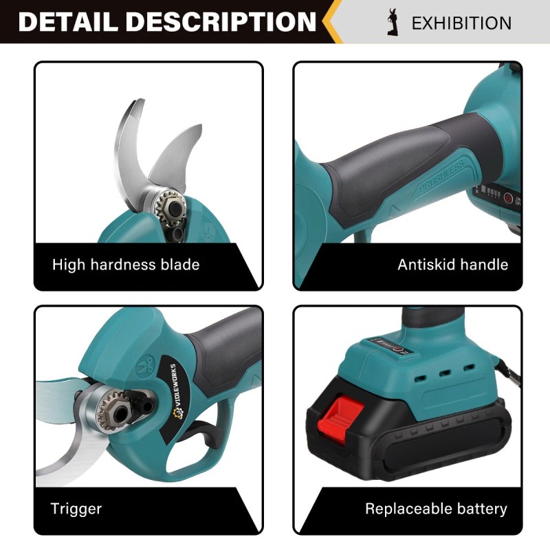 VIOLEWORKS 21V akkukäyttöiset oksasakset johdoton harjaton moottori, kahdella akulla, 1,2 tuuman leikkaus