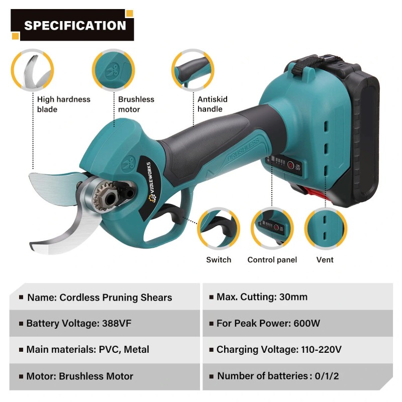 VIOLEWORKS 21V akkukäyttöiset oksasakset johdoton harjaton moottori, kahdella akulla, 1,2 tuuman leikkaus