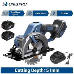 Drillpro harjaton langaton pyörösaha 2200 W 6800 kierrosta minuutissa 51 mm leikkaussyvyys 22 V akulle