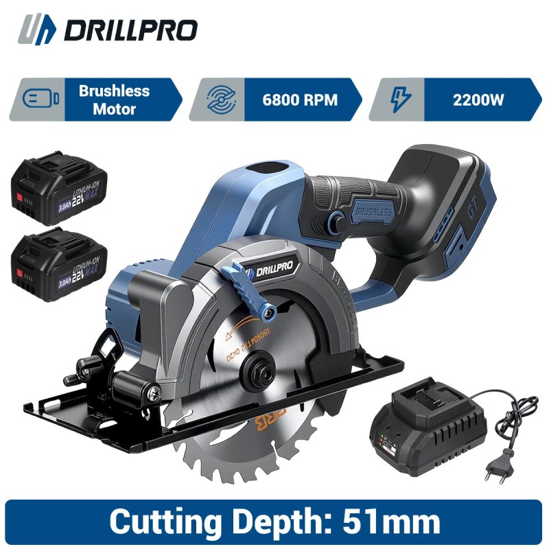 Drillpro harjaton langaton pyörösaha 2200 W 6800 kierrosta minuutissa 51 mm leikkaussyvyys 22 V akulle