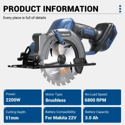 Drillpro harjaton langaton pyörösaha 2200 W 6800 kierrosta minuutissa 51 mm leikkaussyvyys 22 V akulle