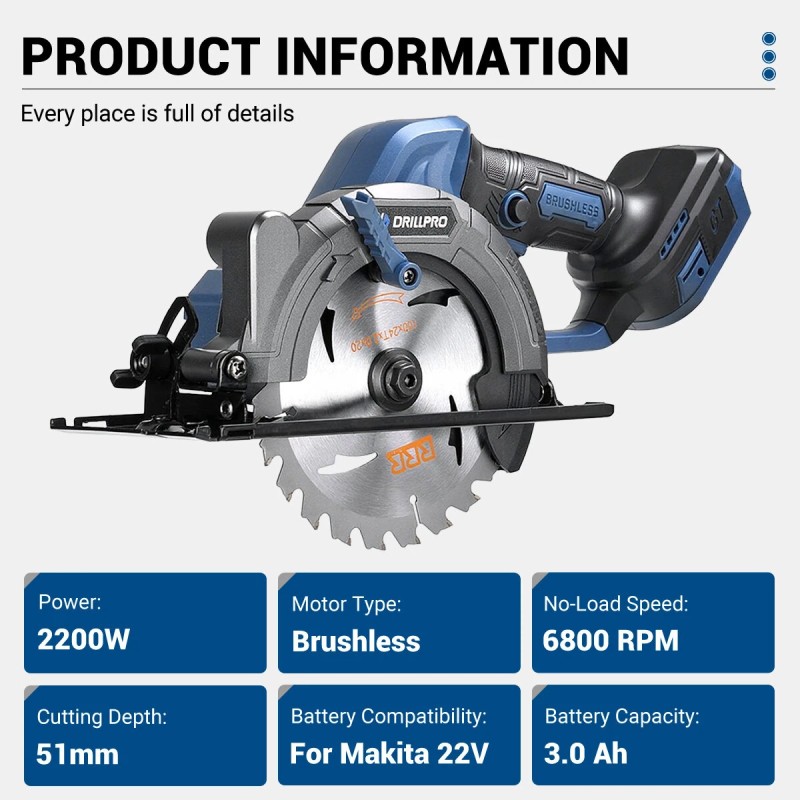 Drillpro harjaton langaton pyörösaha 2200 W 6800 kierrosta minuutissa 51 mm leikkaussyvyys 22 V akulle