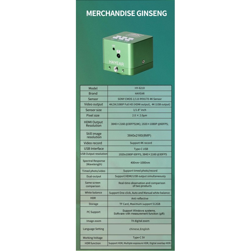 HAYEAR 4K videomikroskooppi 130x suurennus SONY IMX678 HDR kaksoislähtö HDMI USB piirilevyt korut