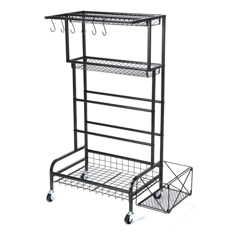 Hiiliteräksinen nelitasoinen säilytyshylly liukupyörillä musta ruosteenestopinnoite koti toimisto