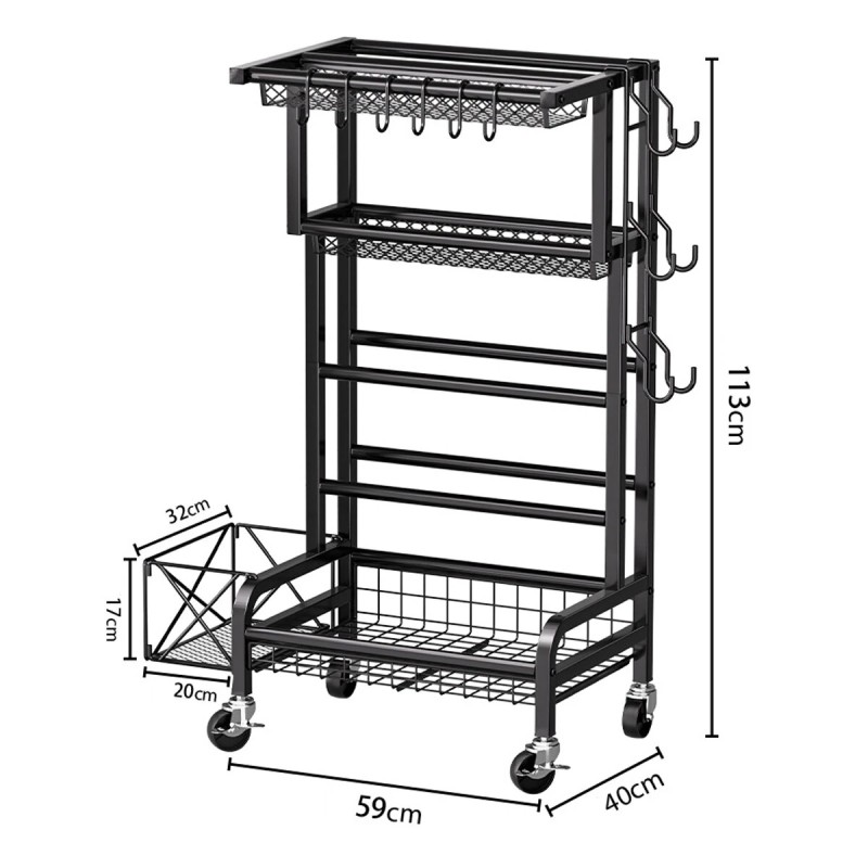 Hiiliteräksinen nelitasoinen säilytyshylly liukupyörillä musta ruosteenestopinnoite koti toimisto