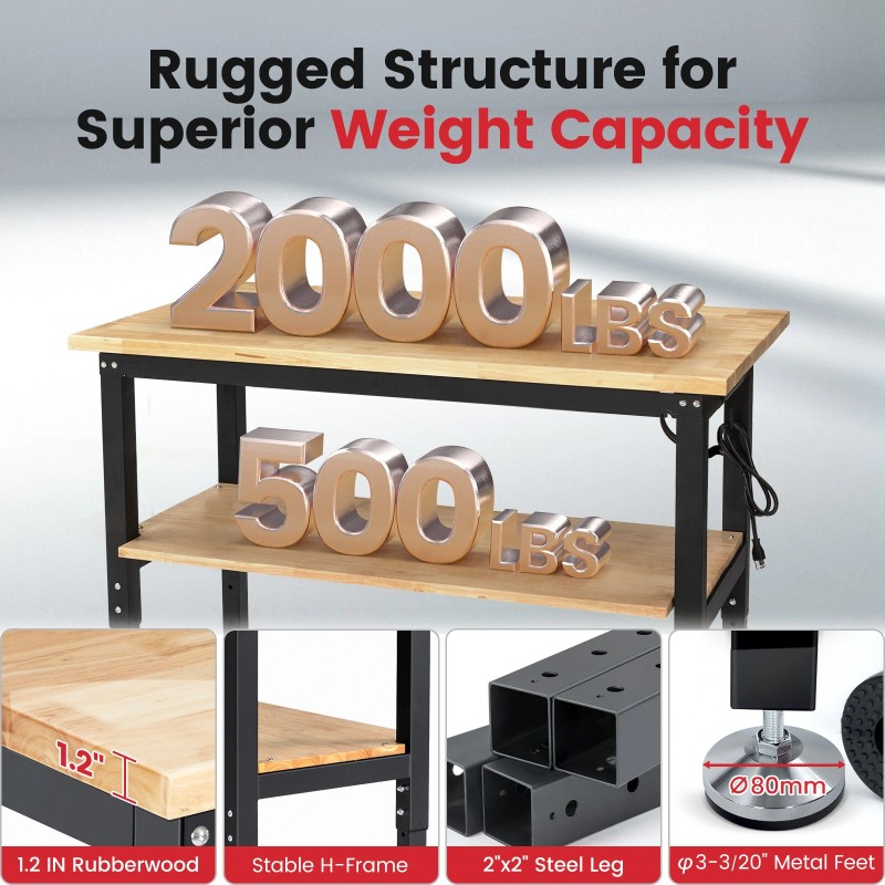 ENJOYWOOD WB0101-Plus 48 tuuman työpöytä reikälevyllä kumityynyllä säädettävä korkeus 2000 paunan kantavuus pistorasialla