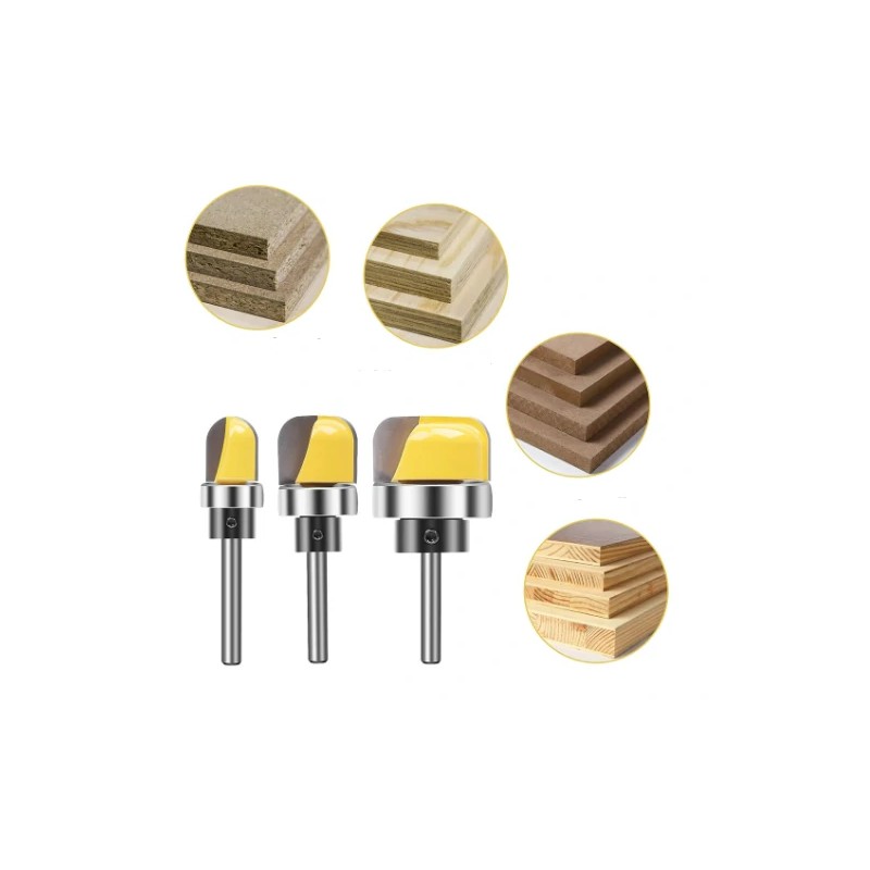 Kolmeosainen monikokoinen pyöreäkärkinen jyrsinteräsarja puulle kovametallilla ja laakerilla