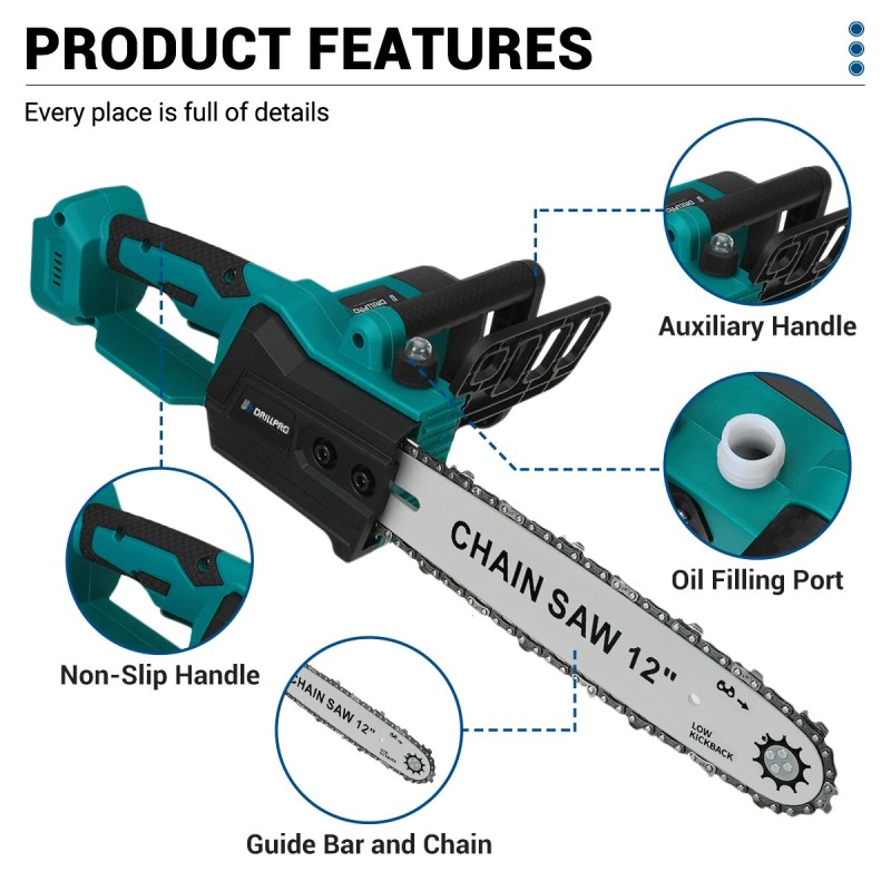 Drillpro kahdentoista-tuumainen harjaton akkuketjusaha korkeatehoinen nopea kotikäyttöön puutarhan maisemointiin