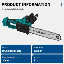 Drillpro kahdentoista-tuumainen harjaton akkuketjusaha korkeatehoinen nopea kotikäyttöön puutarhan maisemointiin