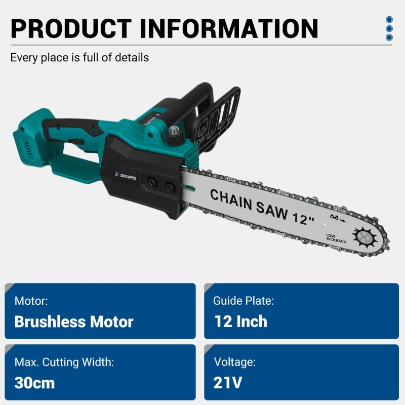 Drillpro kahdentoista-tuumainen harjaton akkuketjusaha korkeatehoinen nopea kotikäyttöön puutarhan maisemointiin