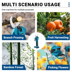 Harjaton kaksitoiminen sähkötyökalu: sähkösakset, ketjusaha, teleskooppivarsi ja akunäyttö