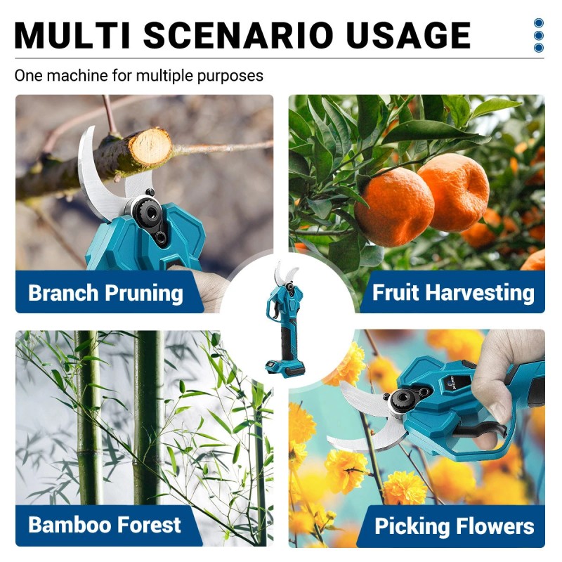 Harjaton kaksitoiminen sähkötyökalu: sähkösakset, ketjusaha, teleskooppivarsi ja akunäyttö