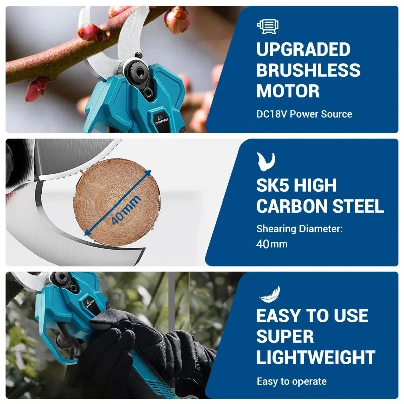 Harjaton kaksitoiminen sähkötyökalu: sähkösakset, ketjusaha, teleskooppivarsi ja akunäyttö