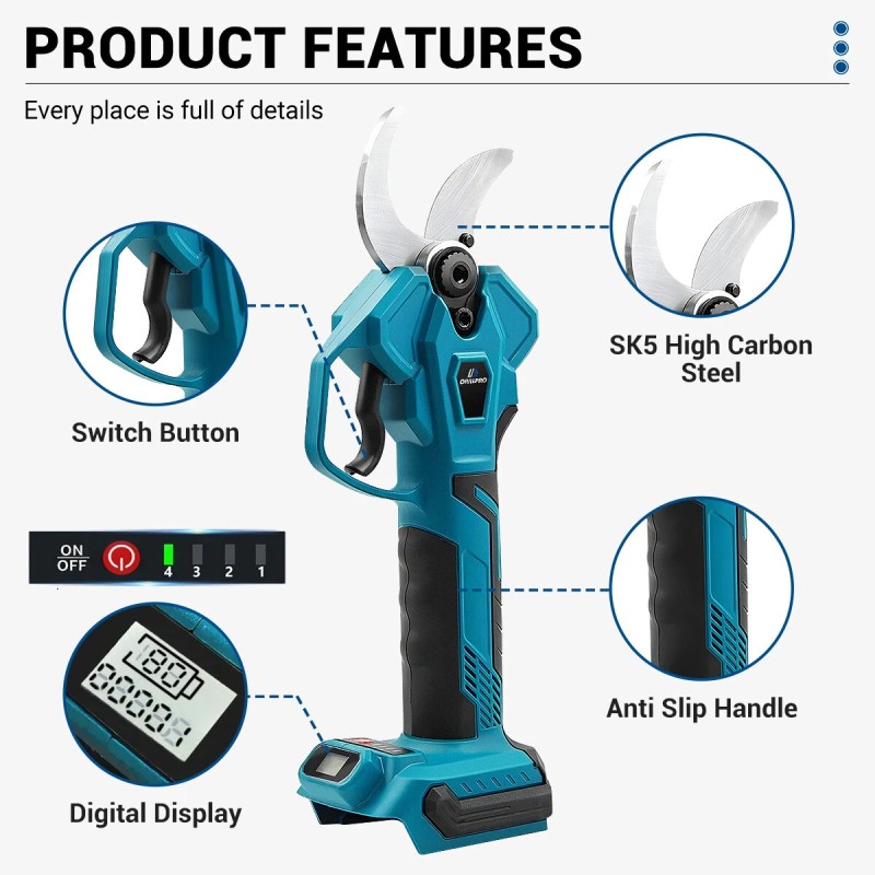 Harjaton kaksitoiminen sähkötyökalu: sähkösakset, ketjusaha, teleskooppivarsi ja akunäyttö