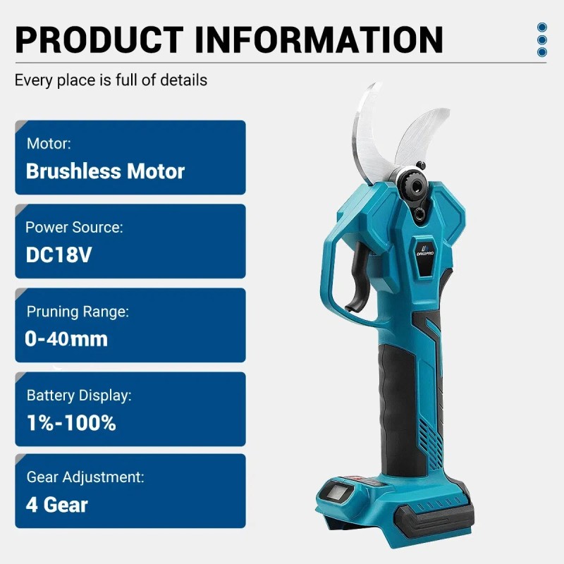 Harjaton kaksitoiminen sähkötyökalu: sähkösakset, ketjusaha, teleskooppivarsi ja akunäyttö