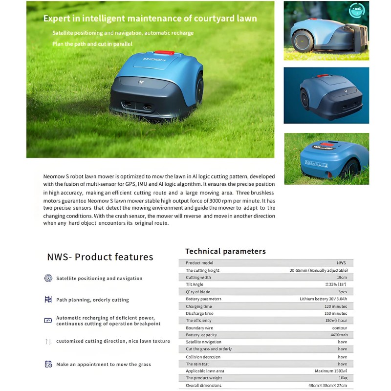 Robottiruohonleikkuri harjaton 3000 rpm säädettävä leikkuukorkeus 20–55 mm 19 cm leveys 4000 mAh litiumakku tekoälynavigointi