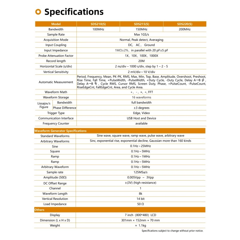 OWON SDS200-sarja digitaalinen oskilloskooppi 2 kanavaa 1 GS/s näytteenottotaajuus 150–200 MHz USB 2.0