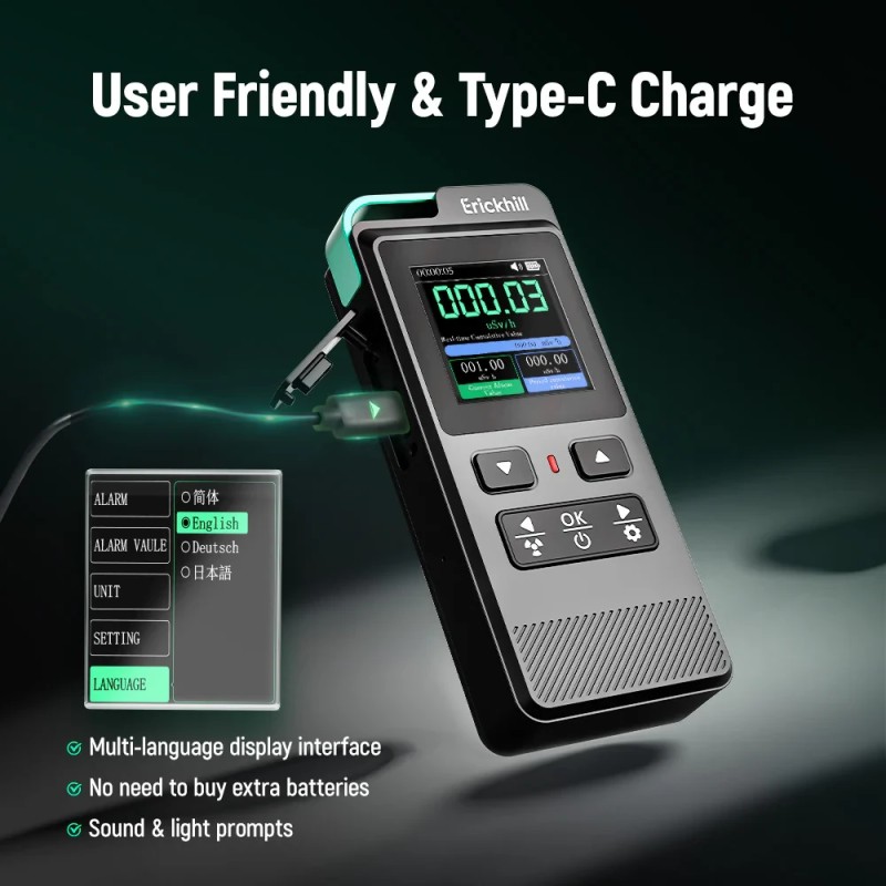 ERICKHILL EGF01 ydinsäteilyilmaisin Geiger-laskuri gammasäteet beetasäteet röntgenmittari kumulatiivinen annos hälytys