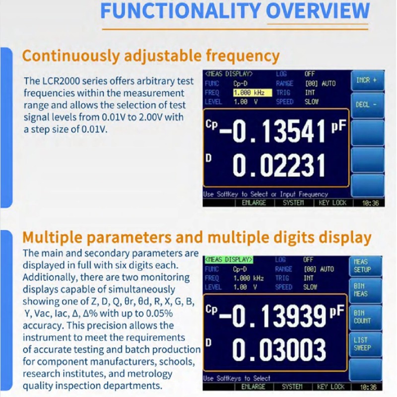 OWON LCR2000-sarja lcr-mittari 10–100 kHz testitaajuus 0,05% tarkkuus nopea mittaus USB RS232