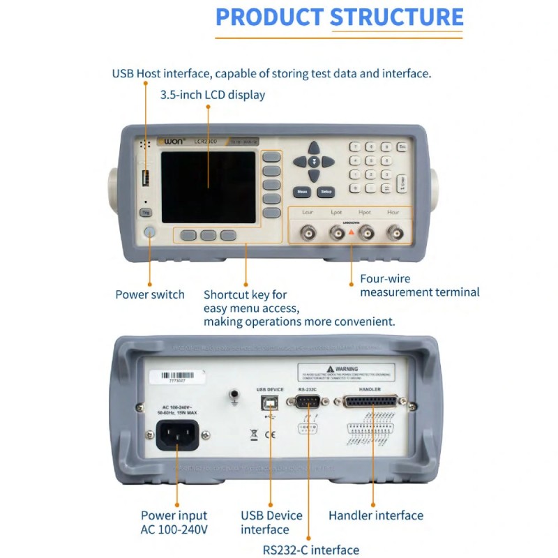 OWON LCR2000-sarja lcr-mittari 10–100 kHz testitaajuus 0,05% tarkkuus nopea mittaus USB RS232