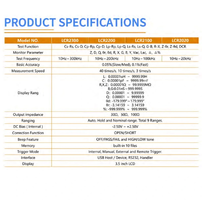 OWON LCR2000-sarja lcr-mittari 10–100 kHz testitaajuus 0,05% tarkkuus nopea mittaus USB RS232