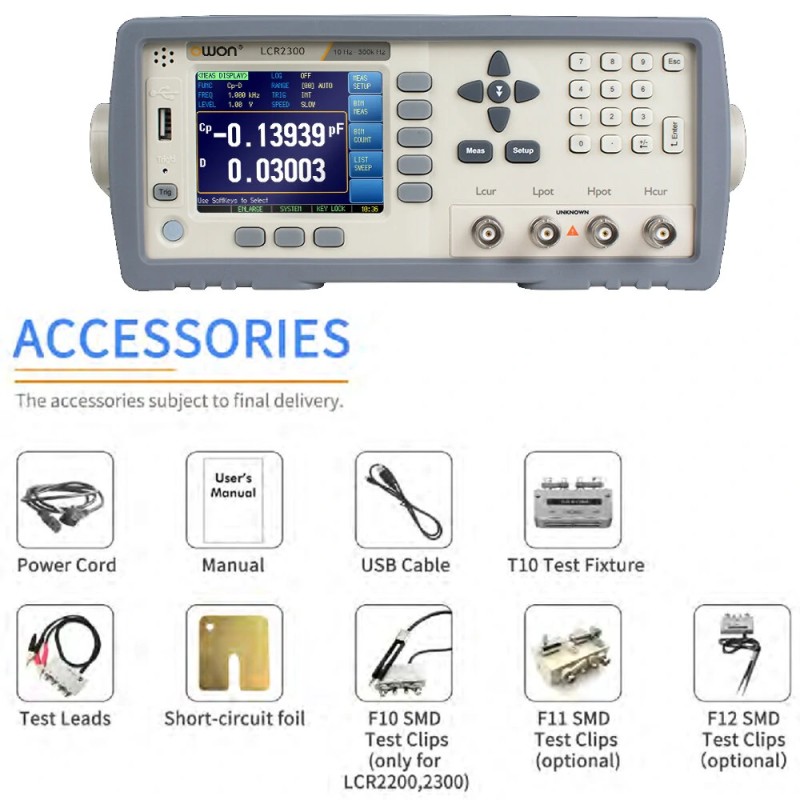 OWON LCR2000-sarja lcr-mittari 10–100 kHz testitaajuus 0,05% tarkkuus nopea mittaus USB RS232