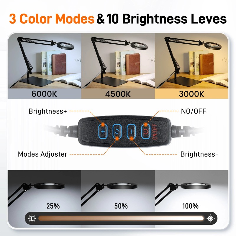 MUSTOOL 10X suurennuslasi led-valolla, jalustalla ja puristimella
