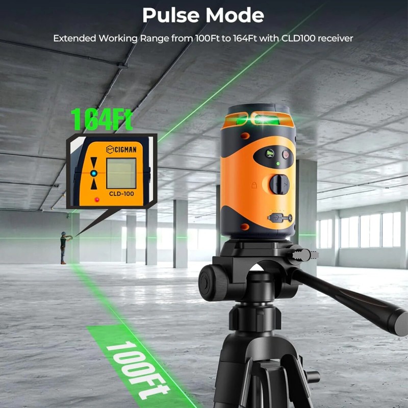 CIGMAN CM-505 vihreä 360-asteinen itsevaaittuva ristiviivalaseri ladattavalla akulla ja jalustolla