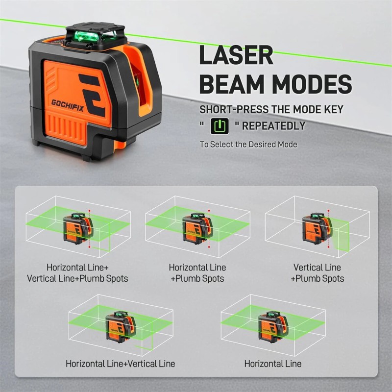 GOCHIFIX viisilinjainen vihreä lasertaso jalustalla kaksi luotipistettä itsevaaittuva kannettava laukku tähtäinlevy paristot