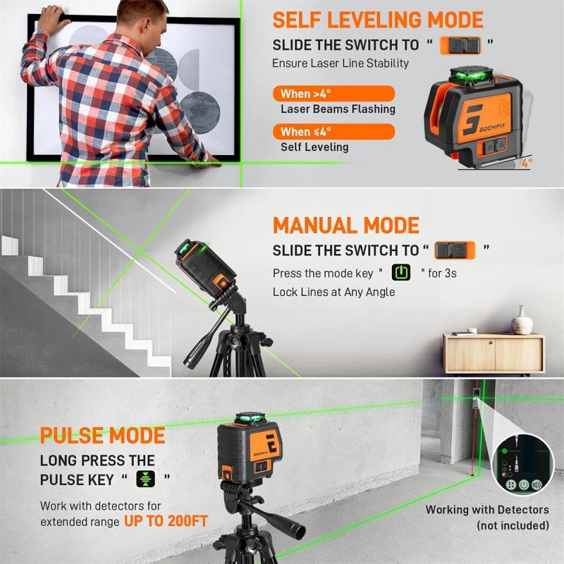 GOCHIFIX viisilinjainen vihreä lasertaso jalustalla kaksi luotipistettä itsevaaittuva kannettava laukku tähtäinlevy paristot