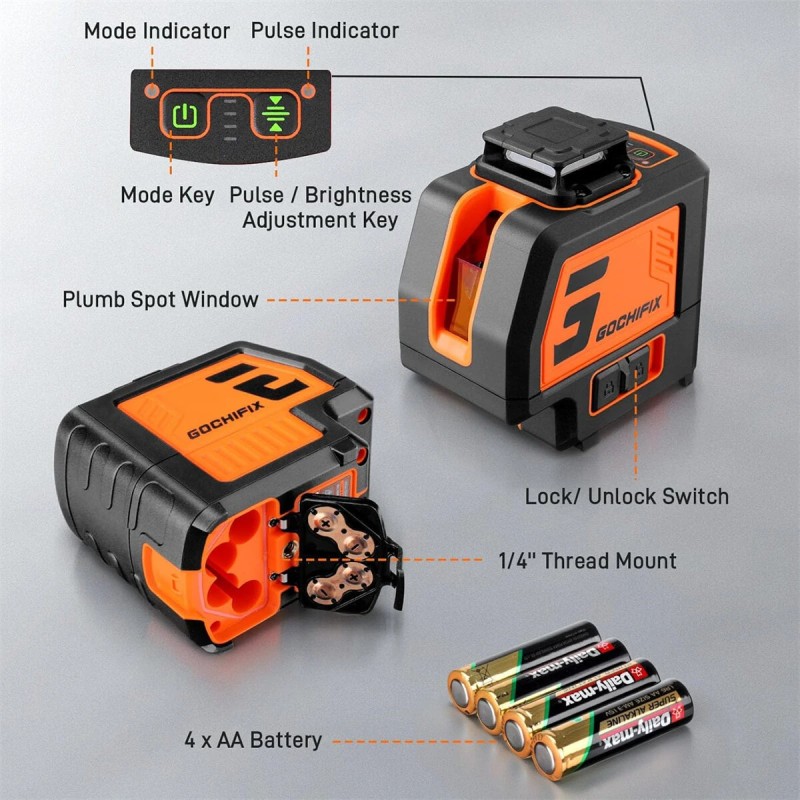 GOCHIFIX viisilinjainen vihreä lasertaso jalustalla kaksi luotipistettä itsevaaittuva kannettava laukku tähtäinlevy paristot