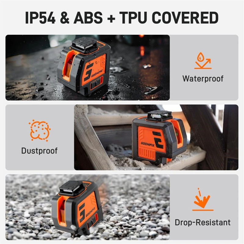 GOCHIFIX viisilinjainen vihreä lasertaso jalustalla kaksi luotipistettä itsevaaittuva kannettava laukku tähtäinlevy paristot