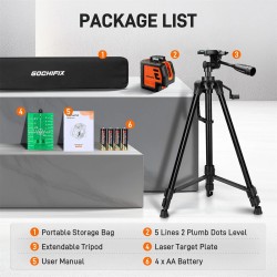 GOCHIFIX viisilinjainen vihreä lasertaso jalustalla kaksi luotipistettä itsevaaittuva kannettava laukku tähtäinlevy paristot