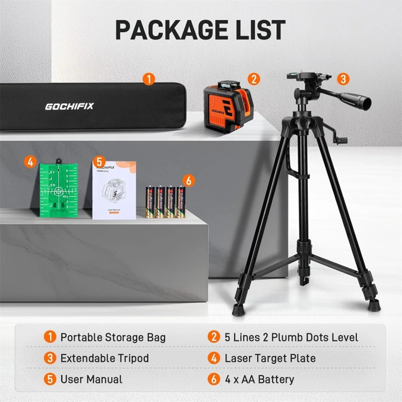 GOCHIFIX viisilinjainen vihreä lasertaso jalustalla kaksi luotipistettä itsevaaittuva kannettava laukku tähtäinlevy paristot