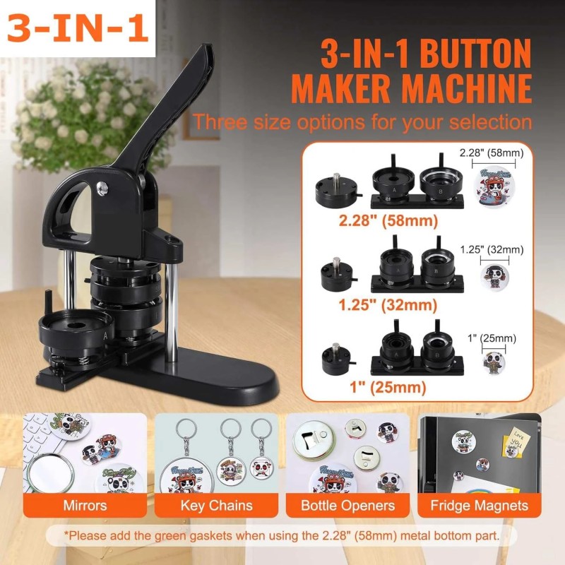 Kolmitoiminen tee-se-itse napinvalmistaja 25, 32 ja 58 millimetriä osilla ja ergonomisella kaarikahvalla