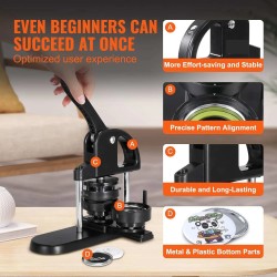 Kolmitoiminen tee-se-itse napinvalmistaja 25, 32 ja 58 millimetriä osilla ja ergonomisella kaarikahvalla